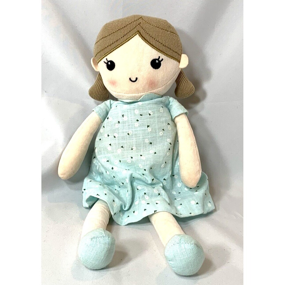 Linzy Cloth Doll 15 inch Blue Dress Brown Hair Emily Rag Baby Safe Floppy